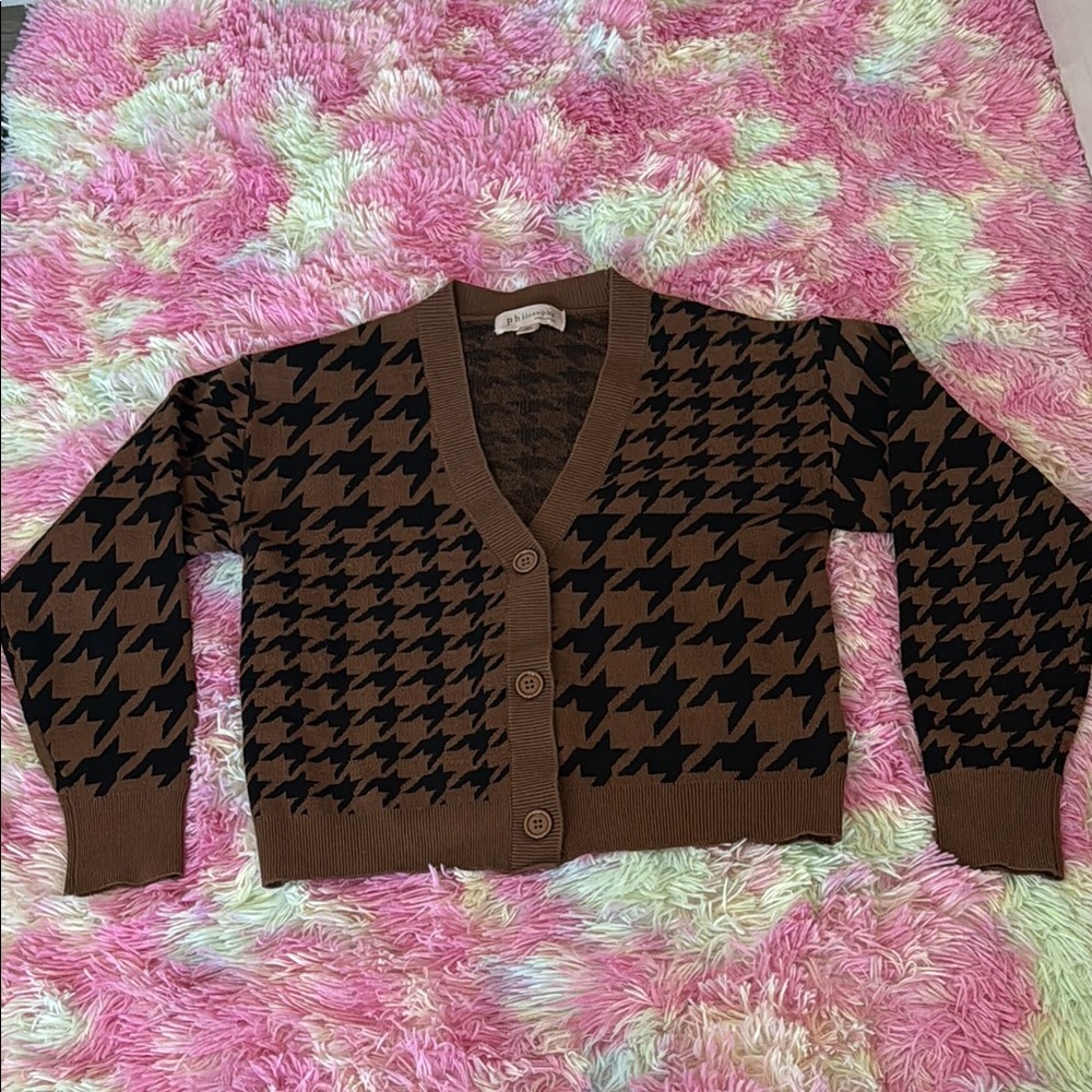 Philosophy Brown and Black Houndstooth Cardigan Sweater